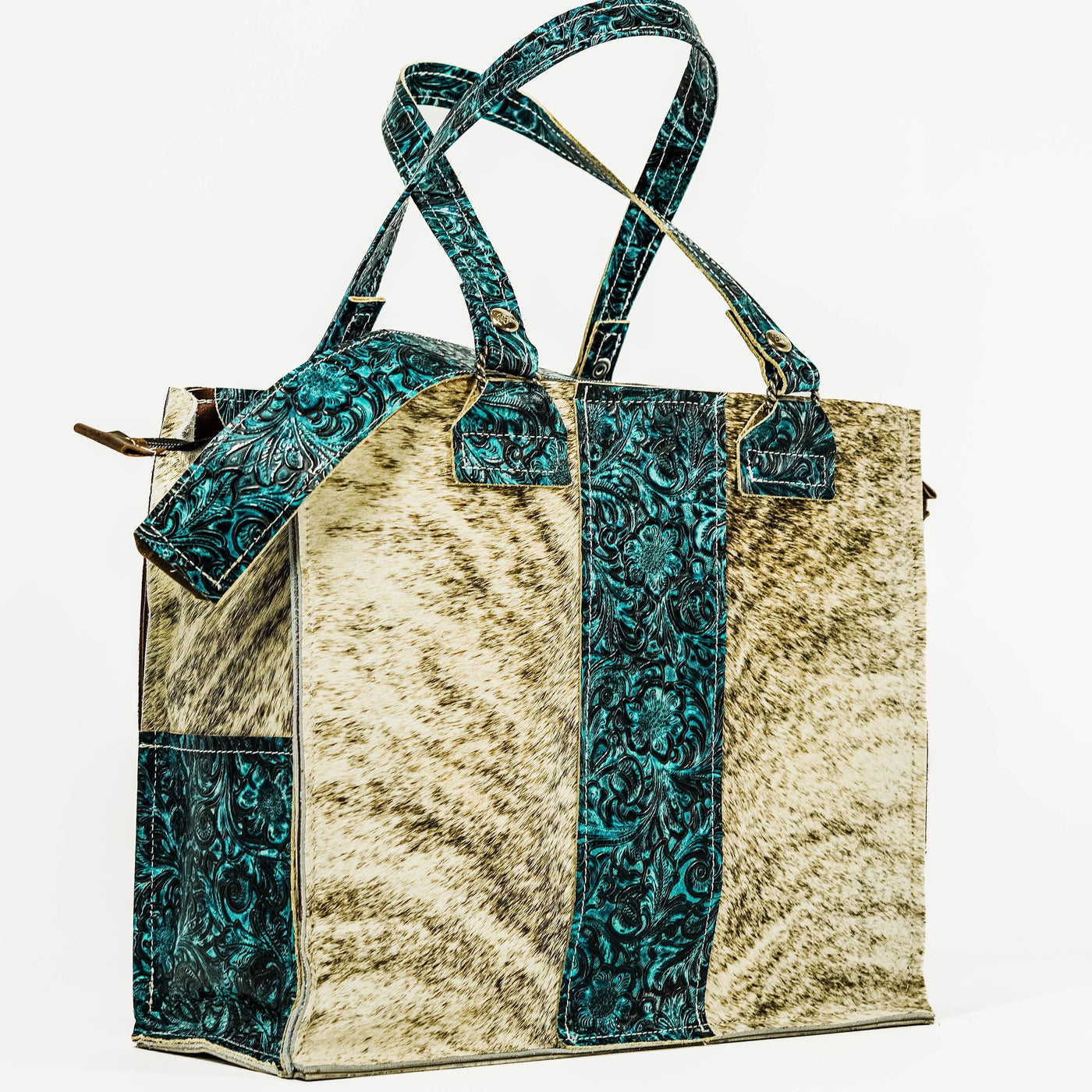 Clerk - Light Grey Brindle w/ Turquoise Wildflower-Clerk-Western-Cowhide-Bags-Handmade-Products-Gifts-Dancing Cactus Designs