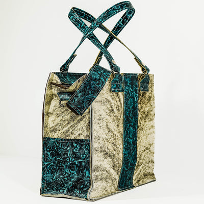 Clerk - Light Grey Brindle w/ Turquoise Wildflower-Clerk-Western-Cowhide-Bags-Handmade-Products-Gifts-Dancing Cactus Designs