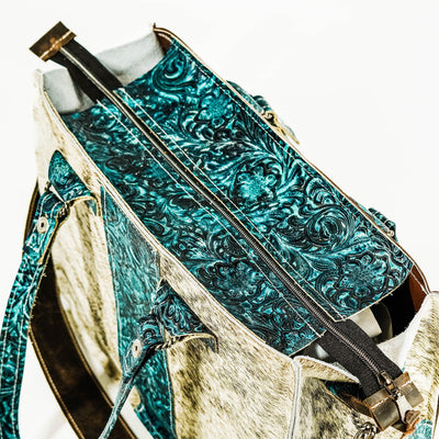 Clerk - Light Grey Brindle w/ Turquoise Wildflower-Clerk-Western-Cowhide-Bags-Handmade-Products-Gifts-Dancing Cactus Designs