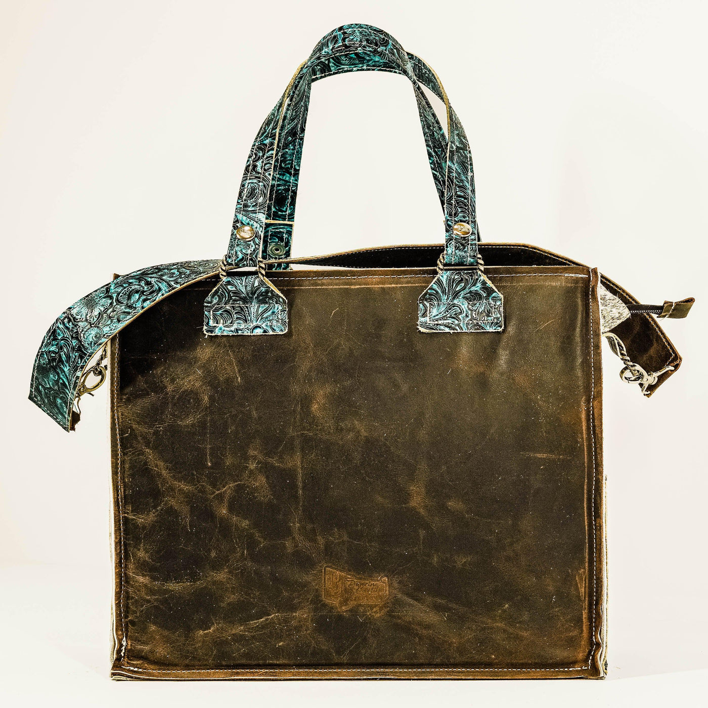 Clerk - Light Grey Brindle w/ Turquoise Wildflower-Clerk-Western-Cowhide-Bags-Handmade-Products-Gifts-Dancing Cactus Designs