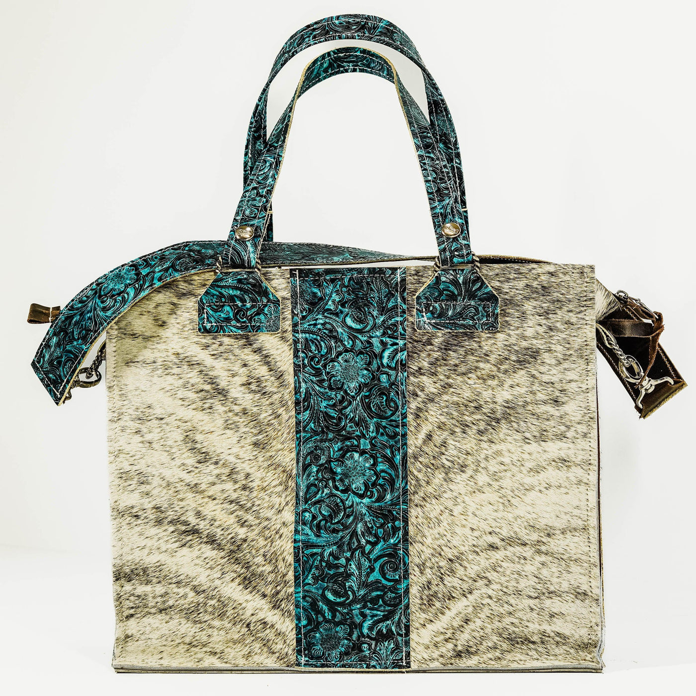 Clerk - Light Grey Brindle w/ Turquoise Wildflower-Clerk-Western-Cowhide-Bags-Handmade-Products-Gifts-Dancing Cactus Designs