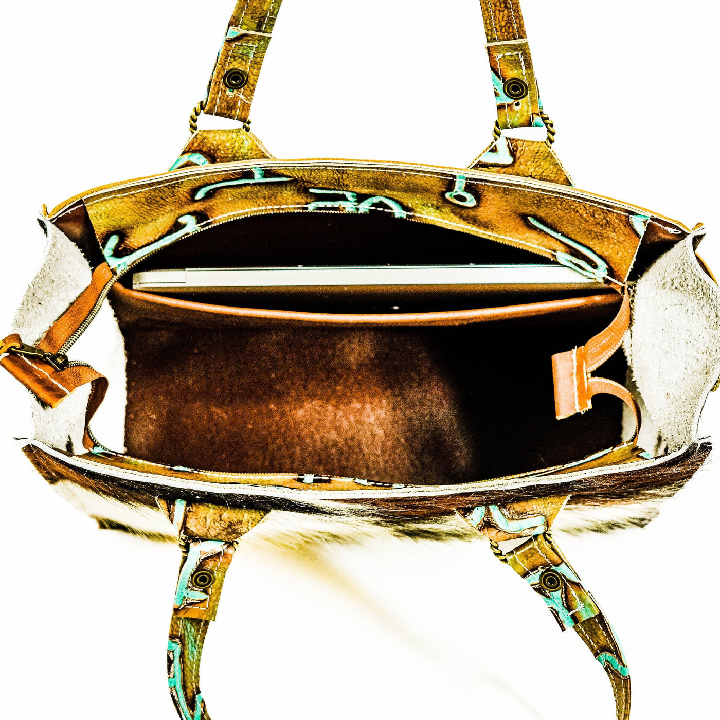 Clerk - Tricolor w/ Turquoise Brands-Clerk-Western-Cowhide-Bags-Handmade-Products-Gifts-Dancing Cactus Designs
