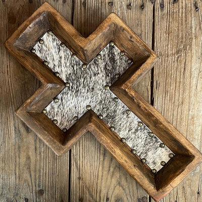 Cross Décor Bowl - w/ Brindle Hide-Oval Décor Bowl - Large-Western-Cowhide-Bags-Handmade-Products-Gifts-Dancing Cactus Designs