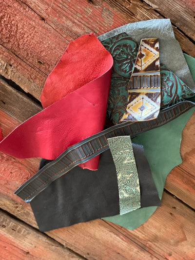 Embossed Leather Scraps - 1 lb. Box-Western-Cowhide-Bags-Handmade-Products-Gifts-Dancing Cactus Designs