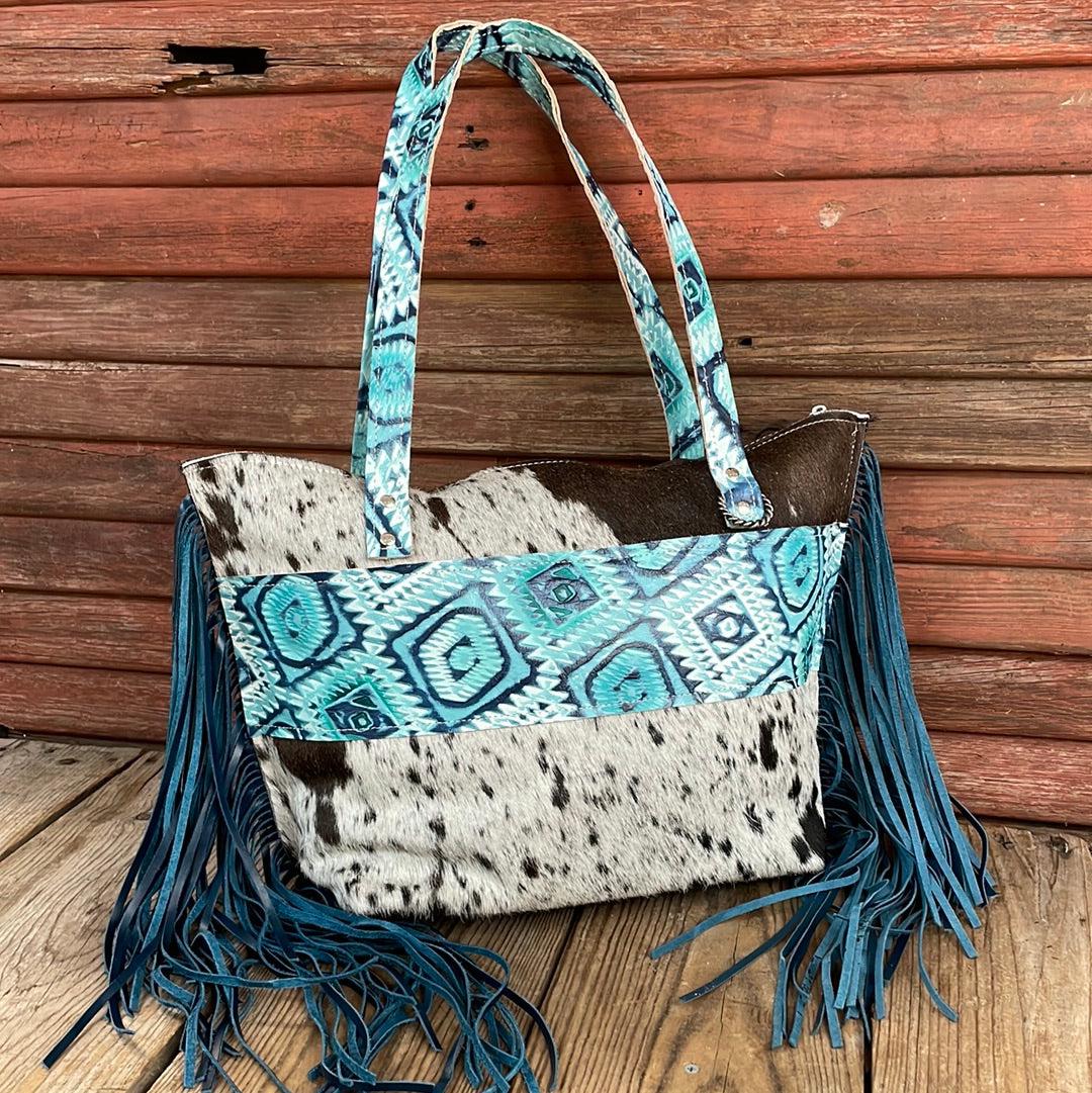 June - Chocolate & White w/ Glacier Park Aztec-June-Western-Cowhide-Bags-Handmade-Products-Gifts-Dancing Cactus Designs