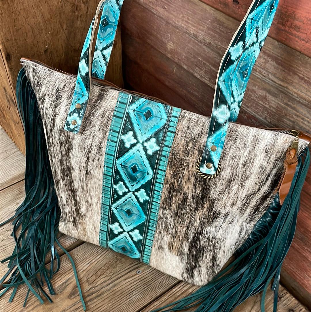 June - Light Brindle w/ Turquoise Matrix Navajo-June-Western-Cowhide-Bags-Handmade-Products-Gifts-Dancing Cactus Designs