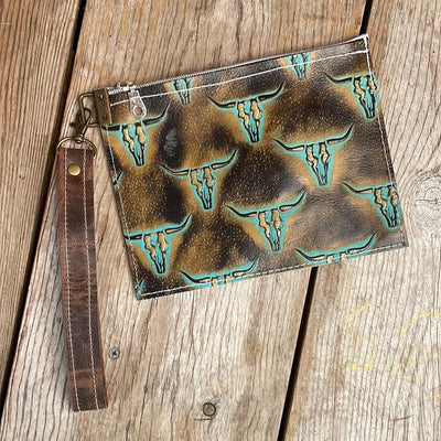 Make-up bag - Brindle w/ Patina Skulls-Make-up bag-Western-Cowhide-Bags-Handmade-Products-Gifts-Dancing Cactus Designs
