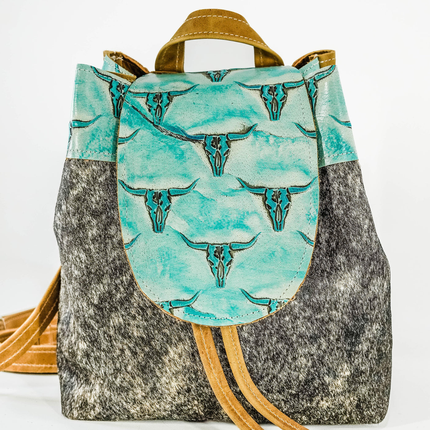 Mini Kelsea Backpack - Brindle w/ Caribbean Skulls-Mini Kelsea Backpack-Western-Cowhide-Bags-Handmade-Products-Gifts-Dancing Cactus Designs