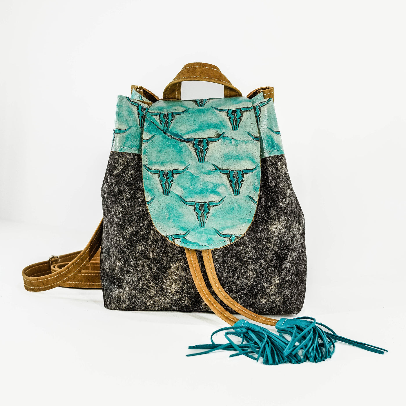 Mini Kelsea Backpack - Brindle w/ Caribbean Skulls-Mini Kelsea Backpack-Western-Cowhide-Bags-Handmade-Products-Gifts-Dancing Cactus Designs