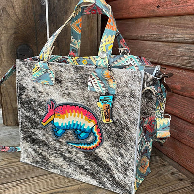 Minnie Pearl - Brindle w/ Rainbow Aztec w/ Armadillo Patch-Minnie Pearl-Western-Cowhide-Bags-Handmade-Products-Gifts-Dancing Cactus Designs