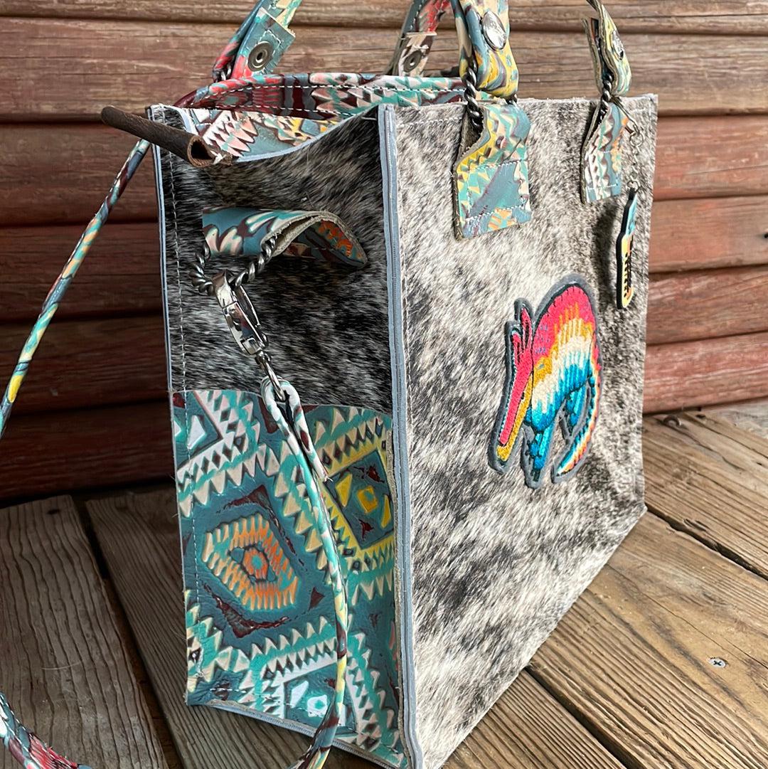 Minnie Pearl - Brindle w/ Rainbow Aztec w/ Armadillo Patch-Minnie Pearl-Western-Cowhide-Bags-Handmade-Products-Gifts-Dancing Cactus Designs