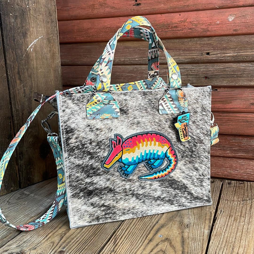 Minnie Pearl - Brindle w/ Rainbow Aztec w/ Armadillo Patch-Minnie Pearl-Western-Cowhide-Bags-Handmade-Products-Gifts-Dancing Cactus Designs