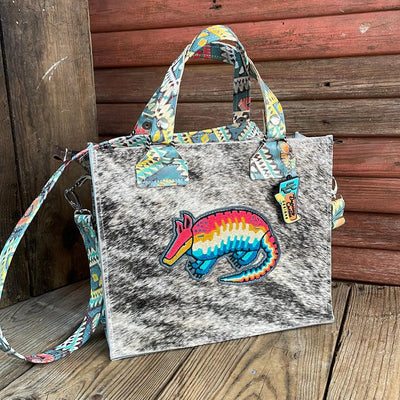 Minnie Pearl - Brindle w/ Rainbow Aztec w/ Armadillo Patch-Minnie Pearl-Western-Cowhide-Bags-Handmade-Products-Gifts-Dancing Cactus Designs