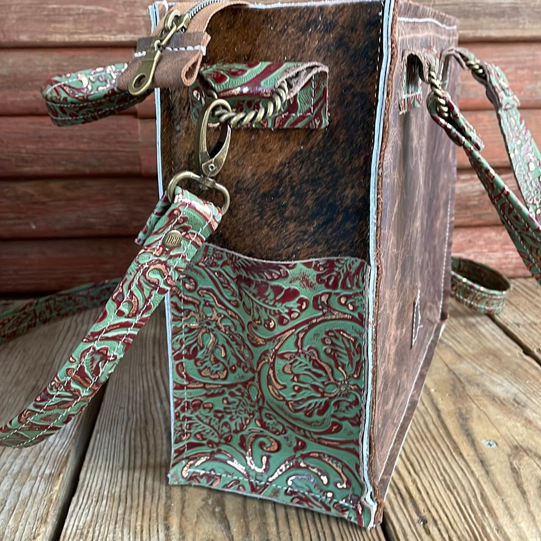 Minnie Pearl - Dark Brindle w/ Cucumber Melon Tool-Minnie Pearl-Western-Cowhide-Bags-Handmade-Products-Gifts-Dancing Cactus Designs