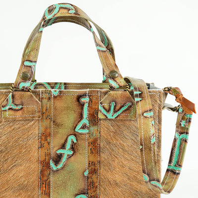 Minnie Pearl - Dusty Brindle w/ Turquoise Brands & Driftwood-Minnie Pearl-Western-Cowhide-Bags-Handmade-Products-Gifts-Dancing Cactus Designs