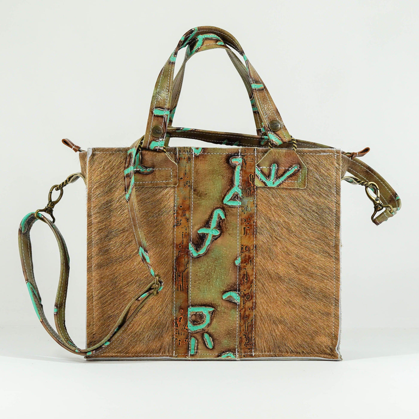 Minnie Pearl - Dusty Brindle w/ Turquoise Brands & Driftwood-Minnie Pearl-Western-Cowhide-Bags-Handmade-Products-Gifts-Dancing Cactus Designs