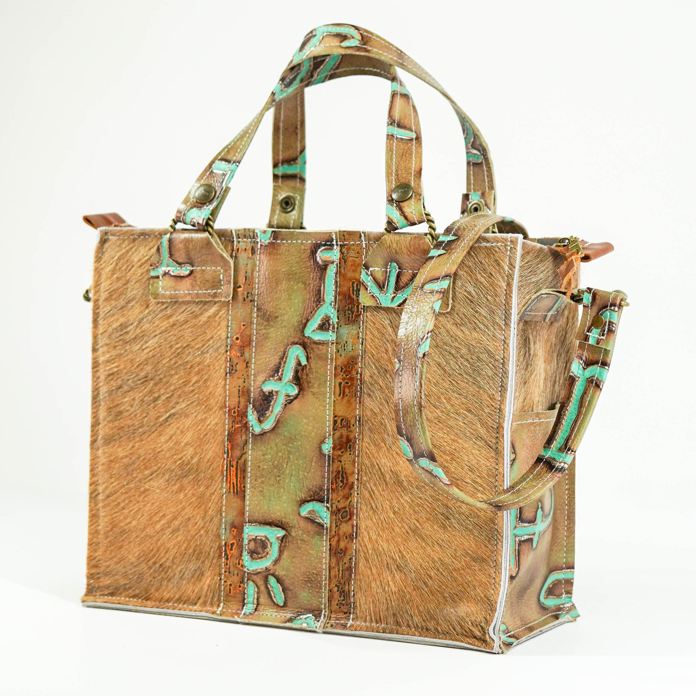 Minnie Pearl - Dusty Brindle w/ Turquoise Brands & Driftwood-Minnie Pearl-Western-Cowhide-Bags-Handmade-Products-Gifts-Dancing Cactus Designs