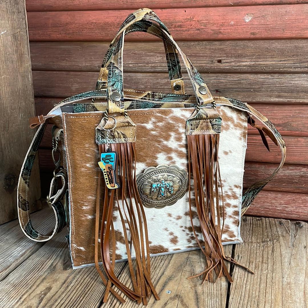 Minnie Pearl - Longhorn w/ Sepia Feathers w/ Concho-Minnie Pearl-Western-Cowhide-Bags-Handmade-Products-Gifts-Dancing Cactus Designs