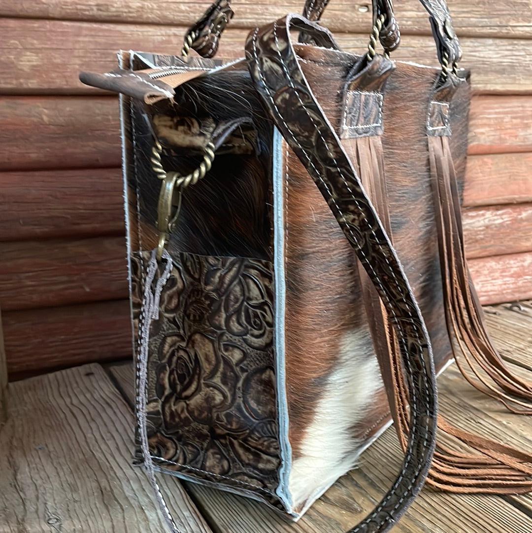 Minnie Pearl - Tricolor w/ Deadwood Roses-Minnie Pearl-Western-Cowhide-Bags-Handmade-Products-Gifts-Dancing Cactus Designs