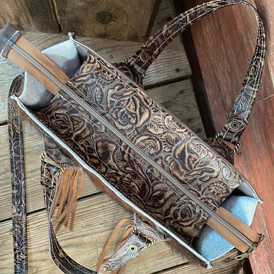 Minnie Pearl - Tricolor w/ Deadwood Roses-Minnie Pearl-Western-Cowhide-Bags-Handmade-Products-Gifts-Dancing Cactus Designs