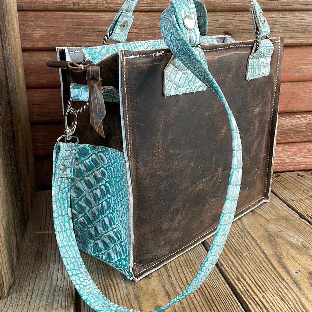 Minnie Pearl - Tricolor w/ Turquoise Sand Croc-Minnie Pearl-Western-Cowhide-Bags-Handmade-Products-Gifts-Dancing Cactus Designs