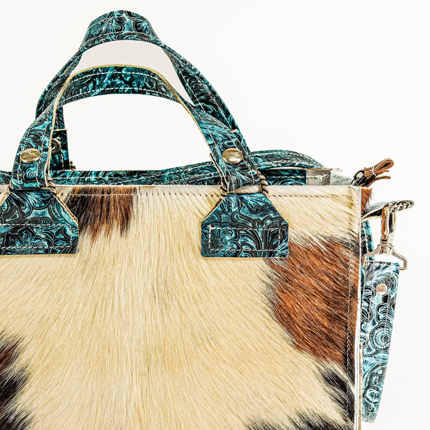 Minnie Pearl - Tricolor w/ Turquoise Wildflower Tool-Minnie Pearl-Western-Cowhide-Bags-Handmade-Products-Gifts-Dancing Cactus Designs