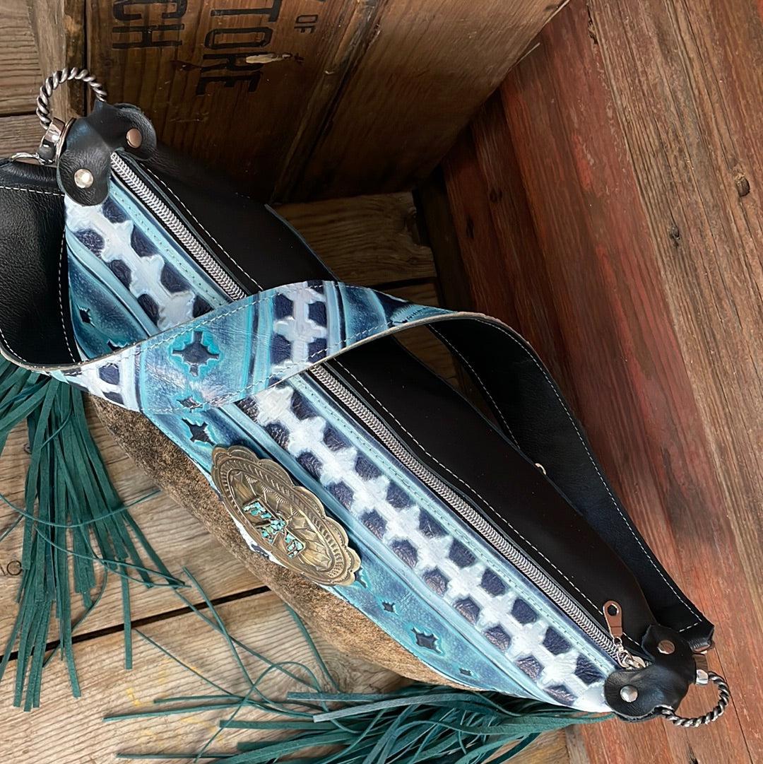 Oakley - Brindle w/ Glacier Park Navajo w/ Firebird Concho-Oakley-Western-Cowhide-Bags-Handmade-Products-Gifts-Dancing Cactus Designs