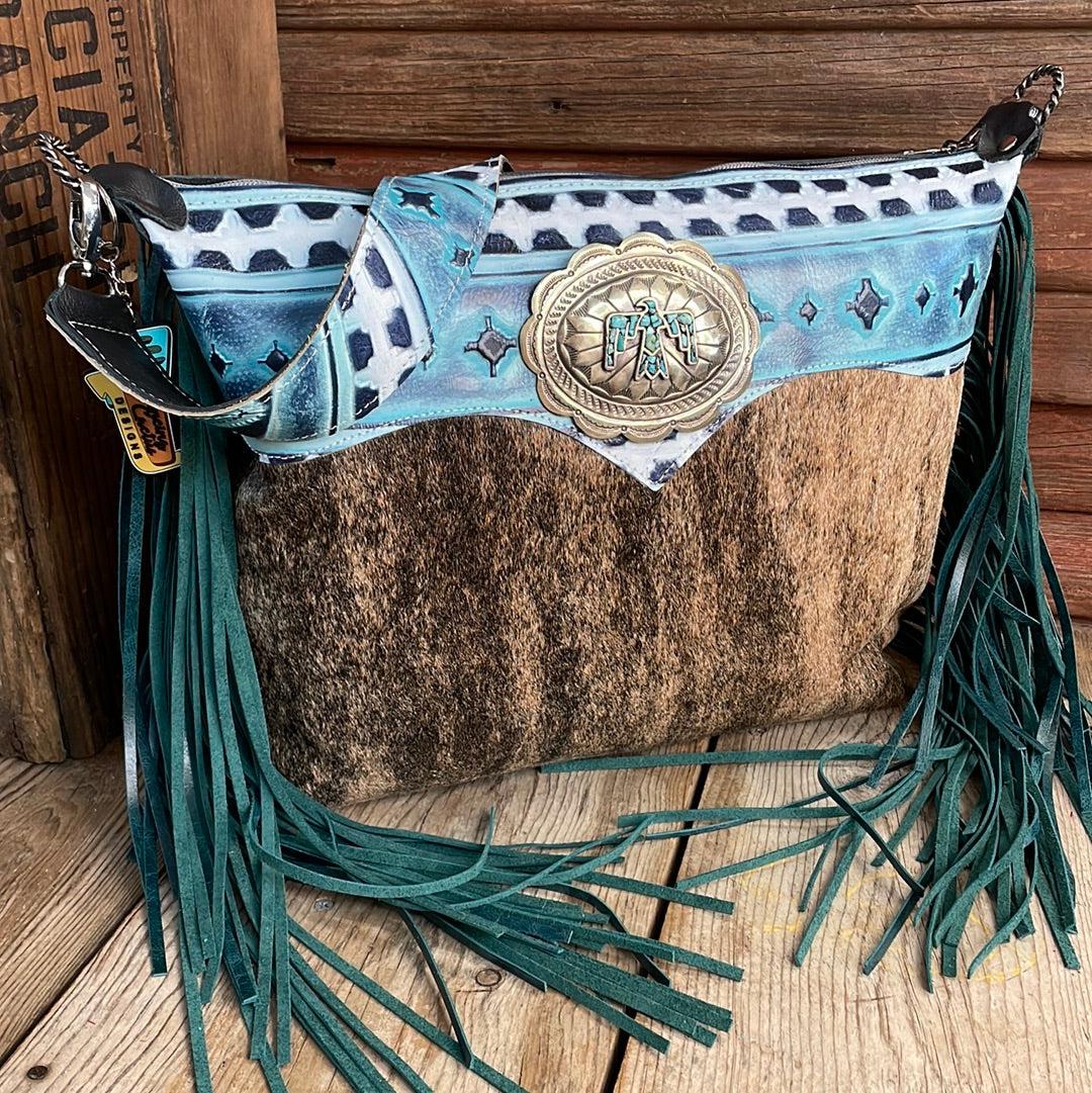 Oakley - Brindle w/ Glacier Park Navajo w/ Firebird Concho-Oakley-Western-Cowhide-Bags-Handmade-Products-Gifts-Dancing Cactus Designs