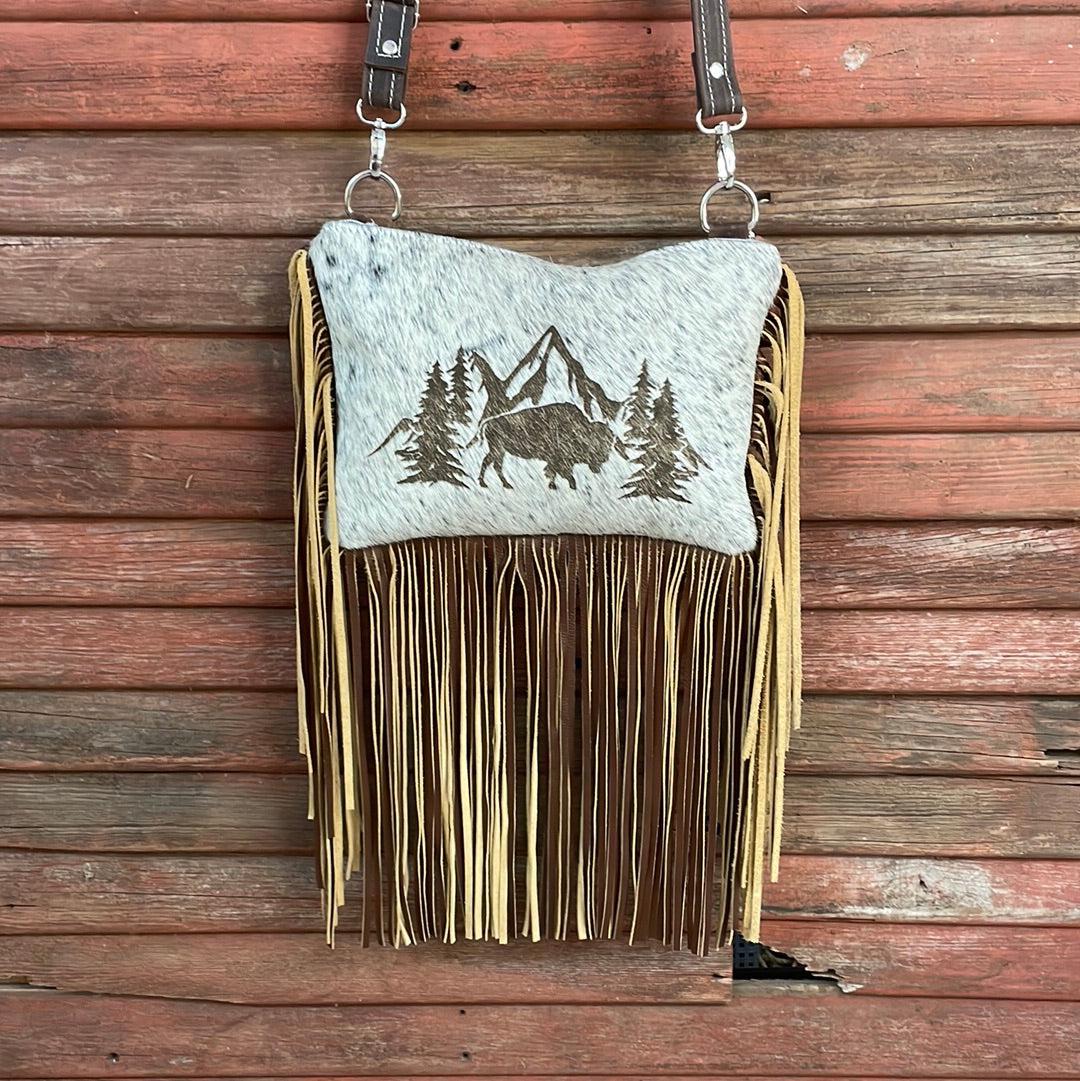Patsy - B&W Speckle w/ Buffalo Scene Design-Patsy-Western-Cowhide-Bags-Handmade-Products-Gifts-Dancing Cactus Designs