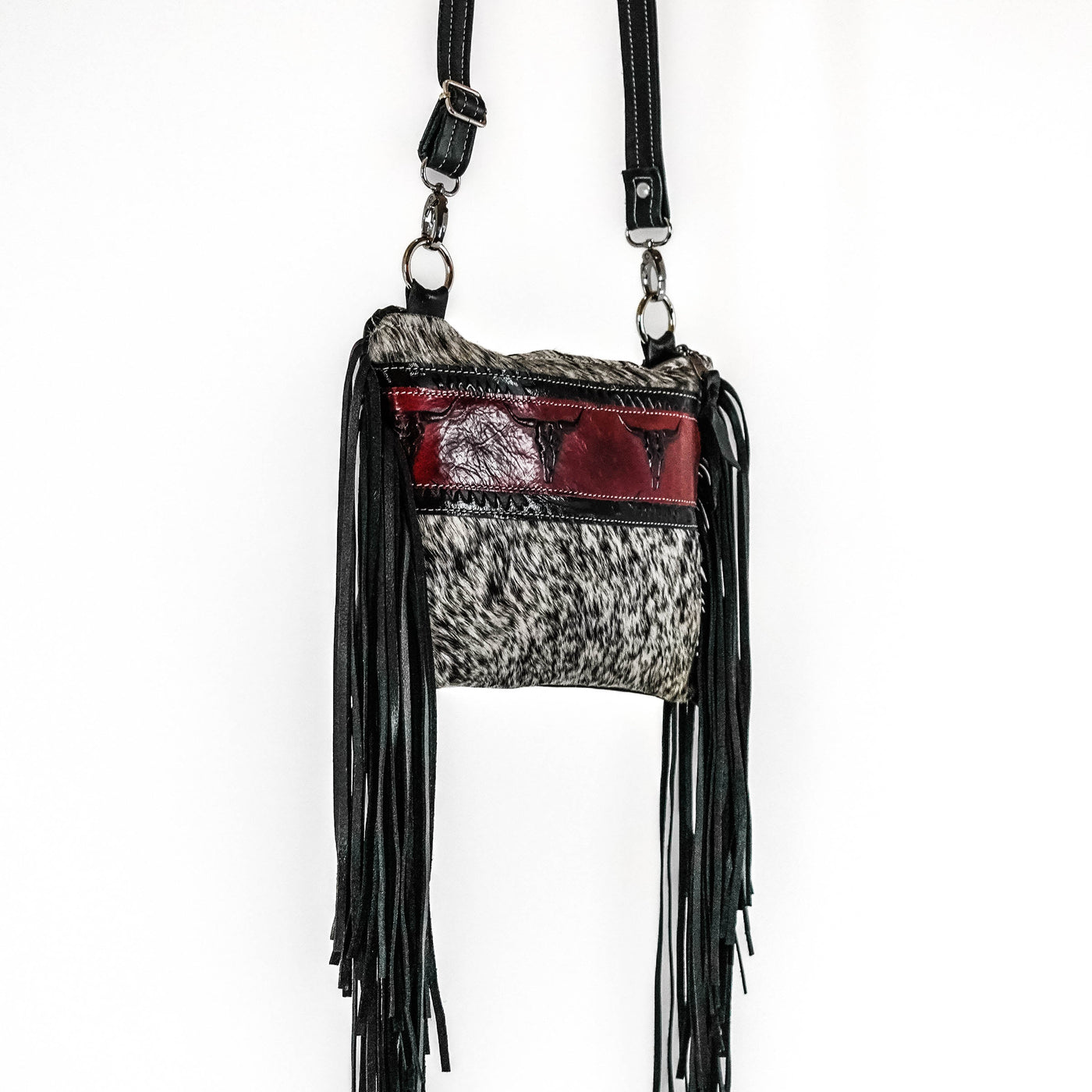 Patsy - Black & White w/ Burgundy Skulls-Patsy-Western-Cowhide-Bags-Handmade-Products-Gifts-Dancing Cactus Designs