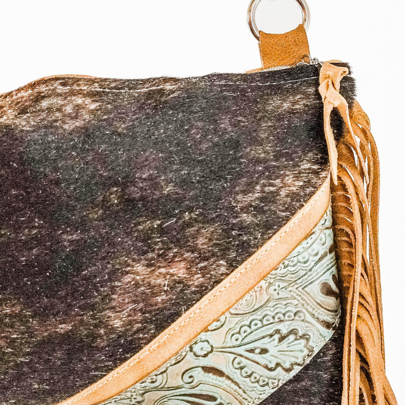 Patsy - Dark Brindle w/ Turquoise Venetian Tool-Patsy-Western-Cowhide-Bags-Handmade-Products-Gifts-Dancing Cactus Designs