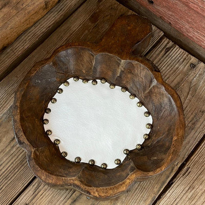 Pumpkin Décor Bowl - w/ Pure White Leather-Oval Décor Bowl - Large-Western-Cowhide-Bags-Handmade-Products-Gifts-Dancing Cactus Designs