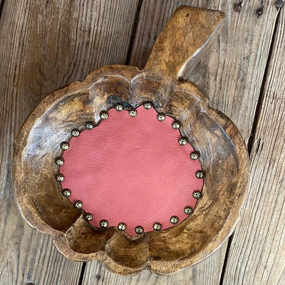 Pumpkin Décor Bowl - w/ Rust Red Leather-Oval Décor Bowl - Large-Western-Cowhide-Bags-Handmade-Products-Gifts-Dancing Cactus Designs