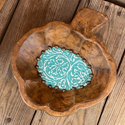 Pumpkin Décor Bowl - w/ Turquoise Sand Tool-Oval Décor Bowl - Large-Western-Cowhide-Bags-Handmade-Products-Gifts-Dancing Cactus Designs