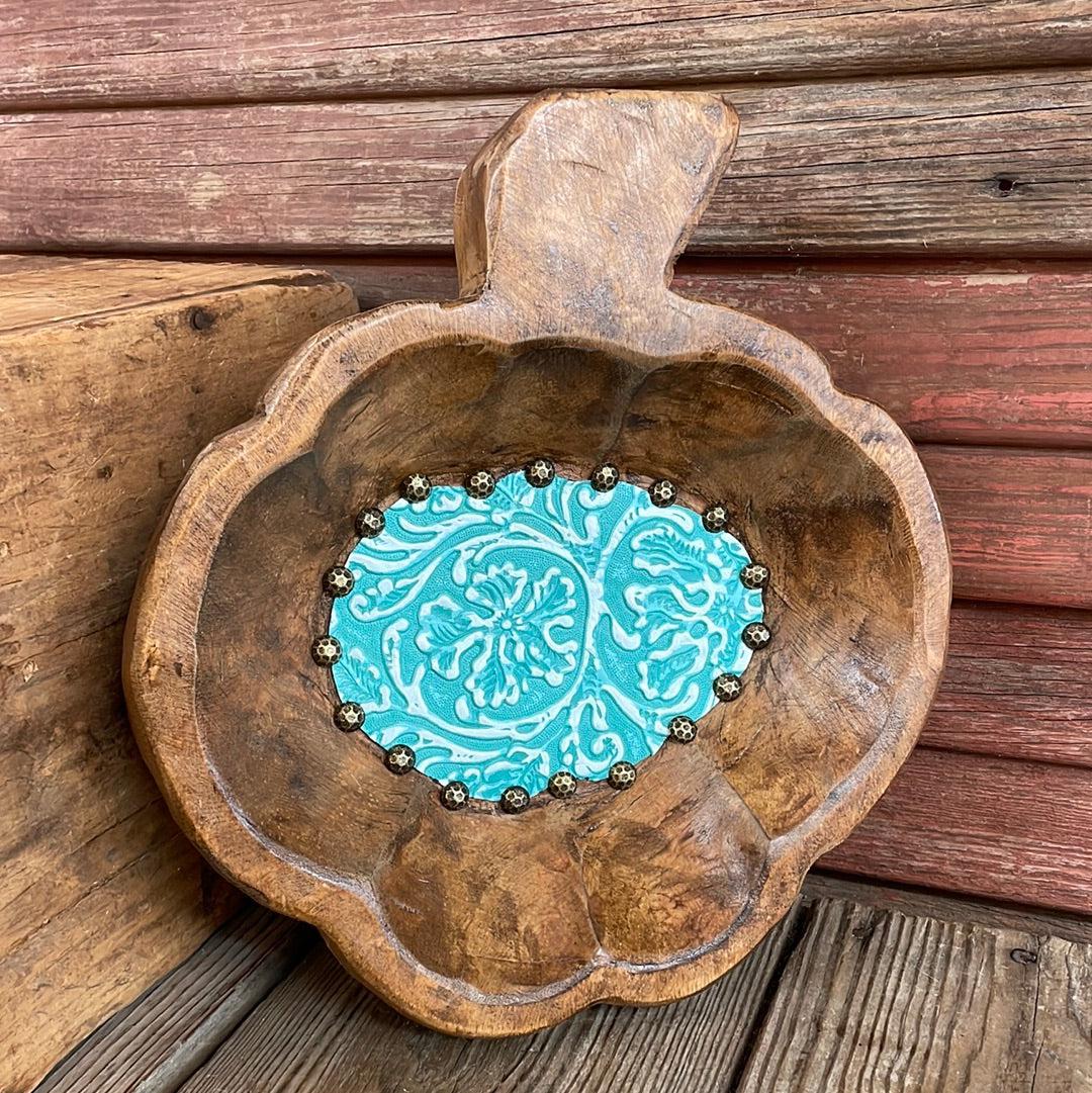 Pumpkin Décor Bowl - w/ Turquoise Sand Tool-Oval Décor Bowl - Large-Western-Cowhide-Bags-Handmade-Products-Gifts-Dancing Cactus Designs
