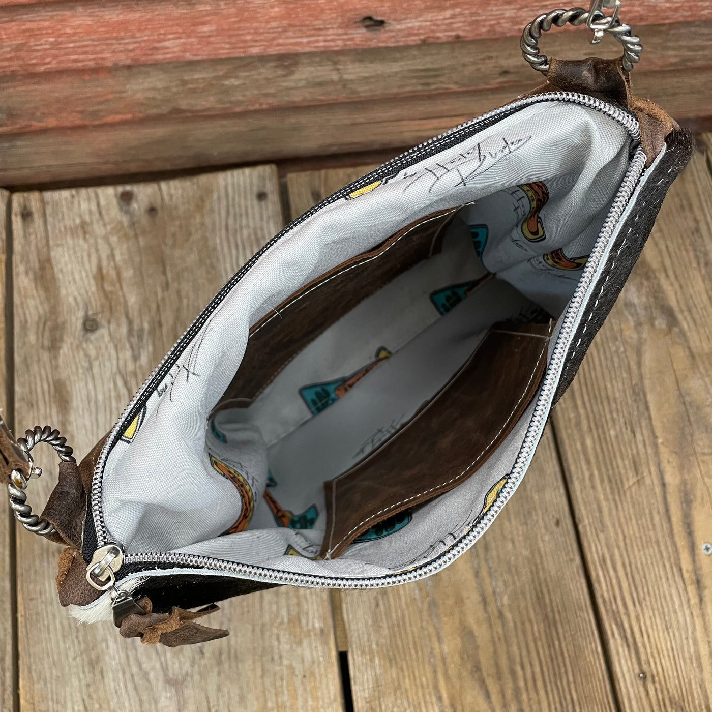 Shania - Brindle w/ Turquoise Sand Aztec Flap-Shania-Western-Cowhide-Bags-Handmade-Products-Gifts-Dancing Cactus Designs