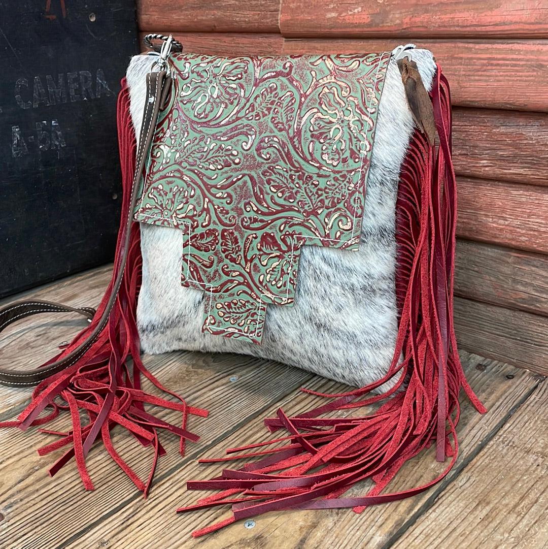 Shania - Grey Brindle w/ Cucumber Melon Tool Flap-Shania-Western-Cowhide-Bags-Handmade-Products-Gifts-Dancing Cactus Designs