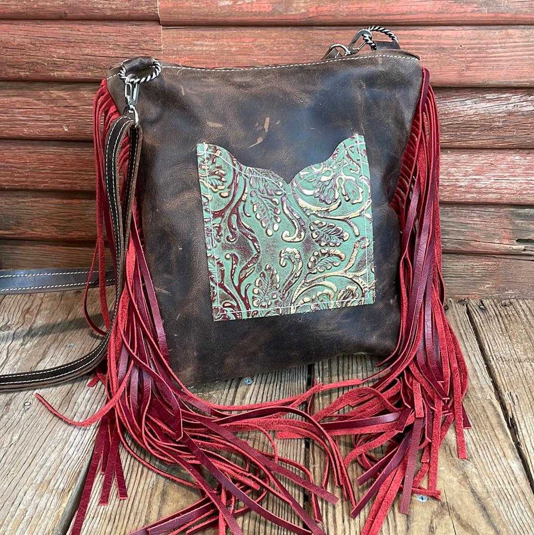 Shania - Grey Brindle w/ Cucumber Melon Tool Flap-Shania-Western-Cowhide-Bags-Handmade-Products-Gifts-Dancing Cactus Designs