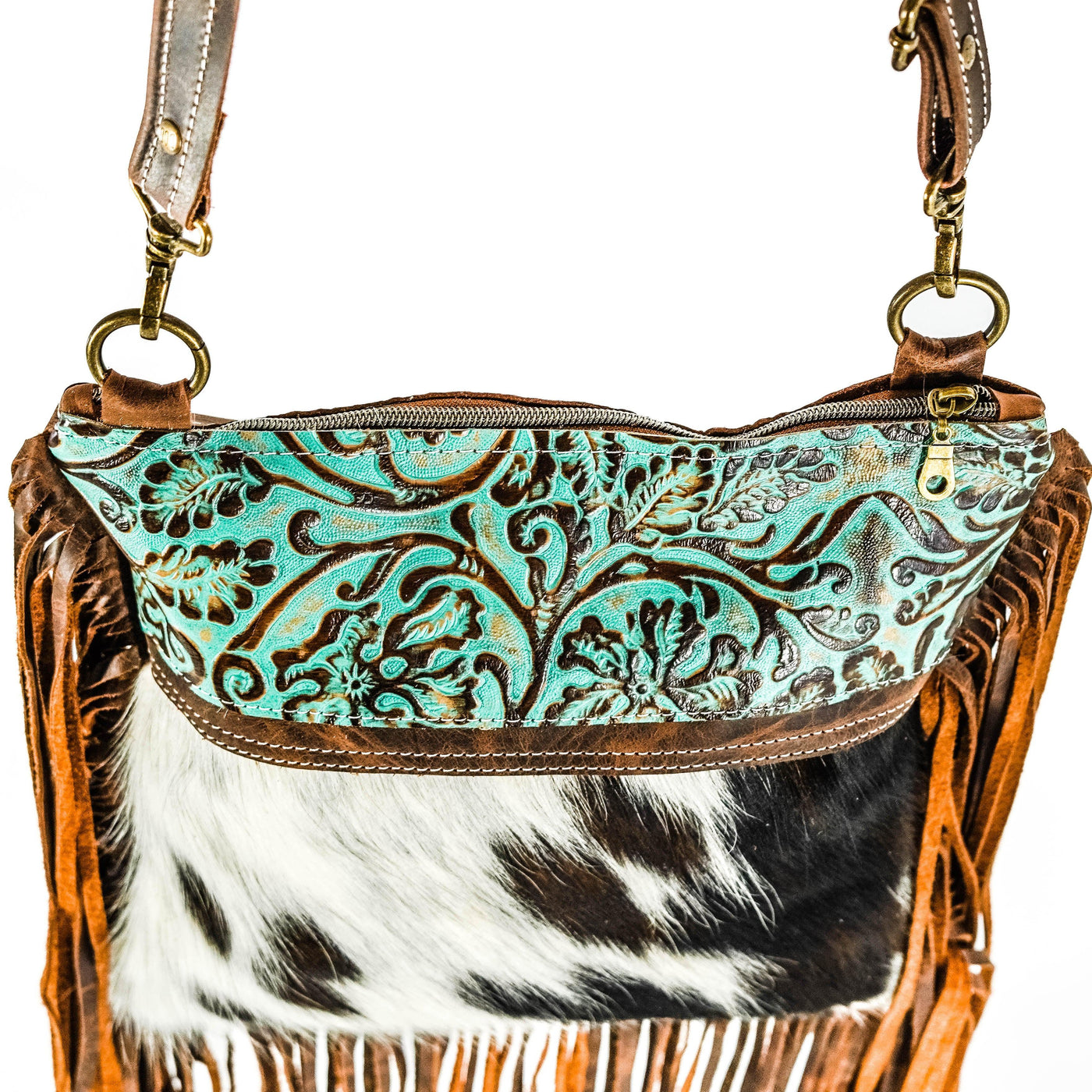 Shania - Tricolor w/ Turquoise Tool-Shania-Western-Cowhide-Bags-Handmade-Products-Gifts-Dancing Cactus Designs