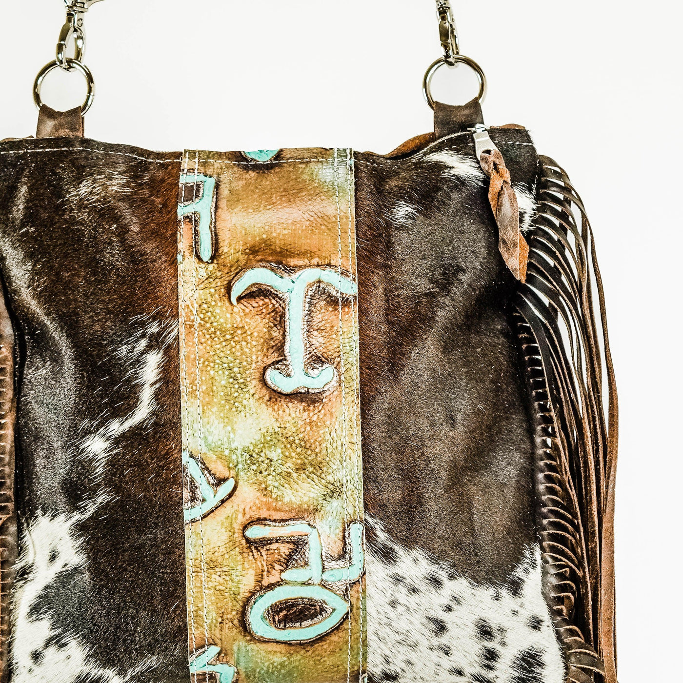 Shania (unlined) - Chocolate & White w/ Turquoise Brands-Shania (unlined)-Western-Cowhide-Bags-Handmade-Products-Gifts-Dancing Cactus Designs