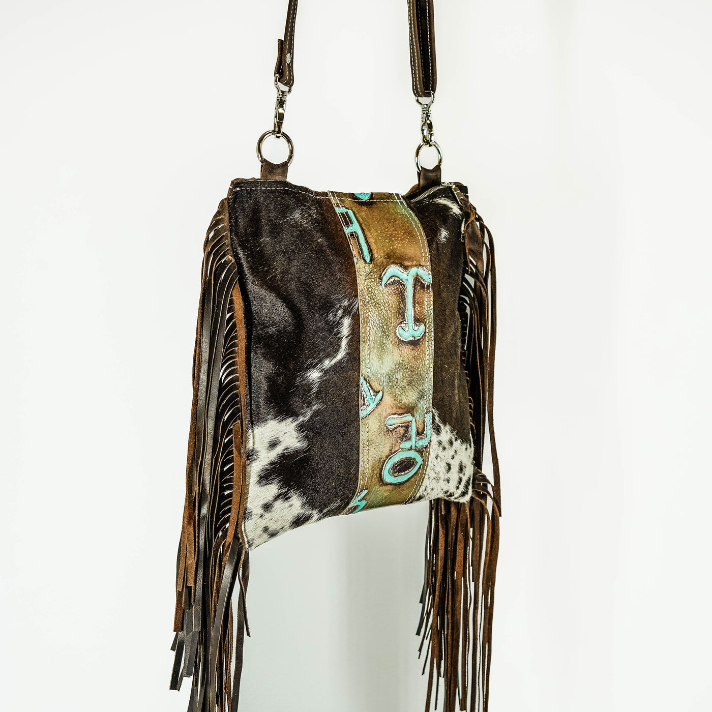 Shania (unlined) - Chocolate & White w/ Turquoise Brands-Shania (unlined)-Western-Cowhide-Bags-Handmade-Products-Gifts-Dancing Cactus Designs