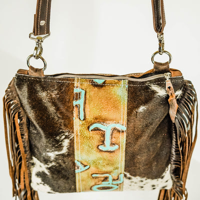 Shania (unlined) - Chocolate & White w/ Turquoise Brands-Shania (unlined)-Western-Cowhide-Bags-Handmade-Products-Gifts-Dancing Cactus Designs